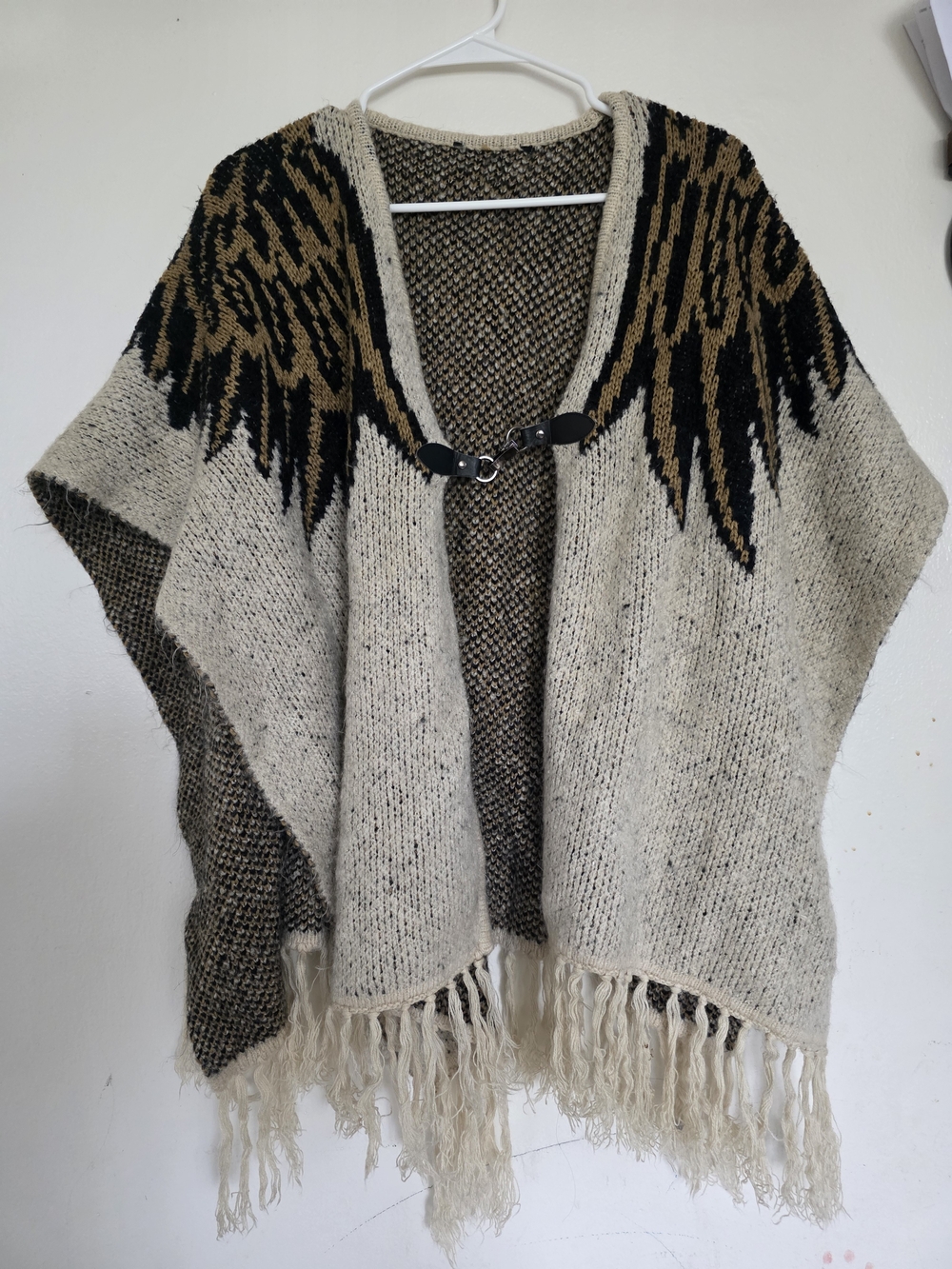 Fringed Cream Knit Poncho with Black & Brown Accent - Women's Wrap